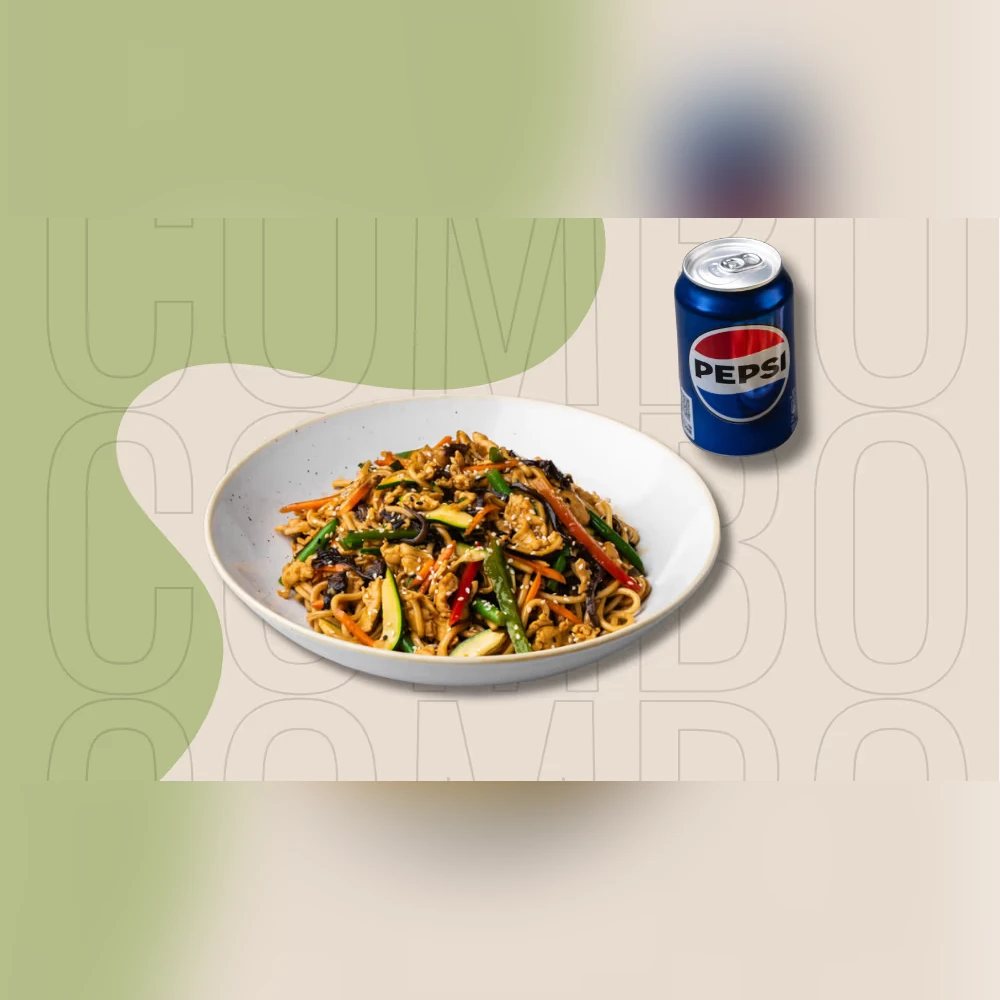 Wok makaronai su vištiena ir Teriyaki padažu + „Pepsi“ gėrimas (0.33 l) | 1 asm.